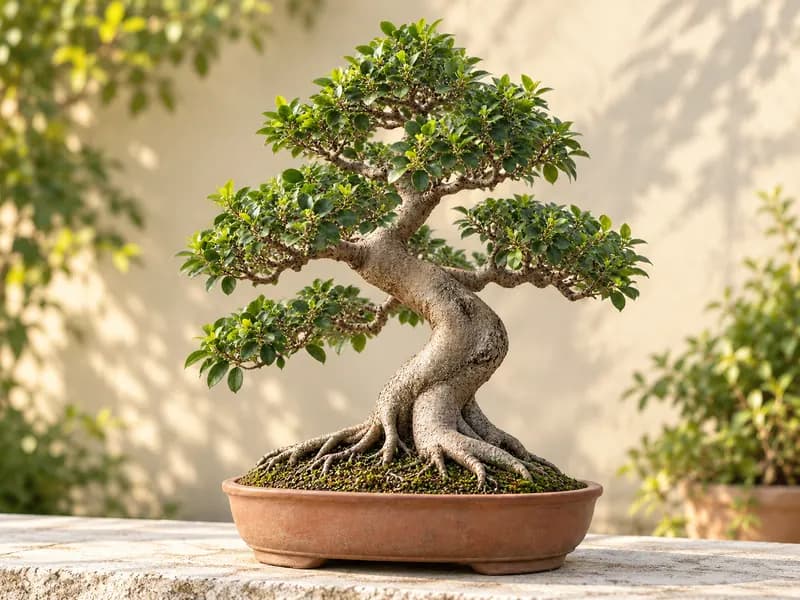 Outro registro do mesmo bonsai, com pequenas folhas verdes